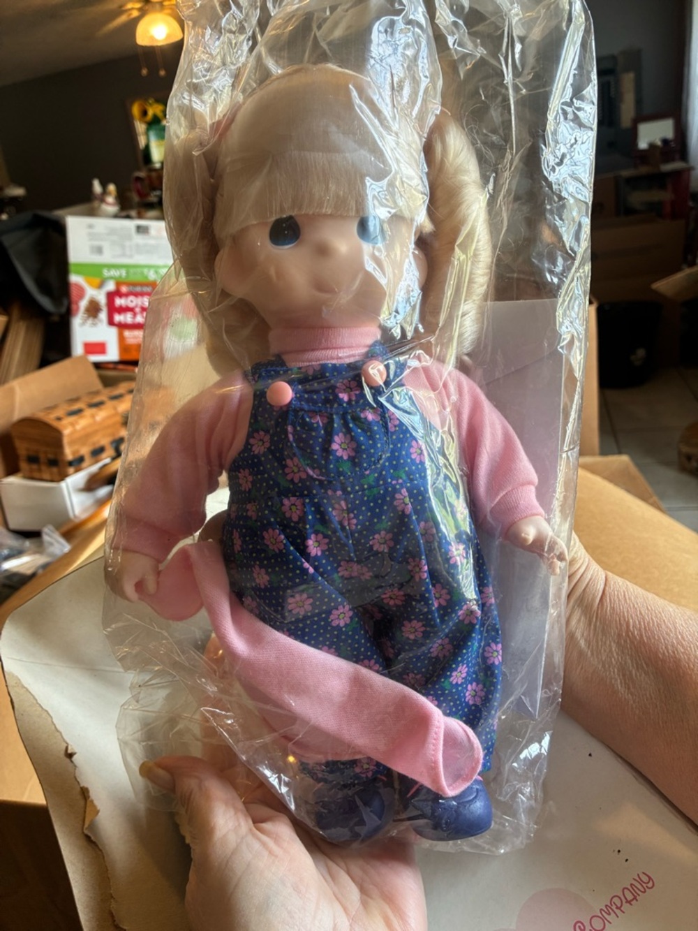 Vintage Girl Doll in Pink Sweater and Floral Overalls